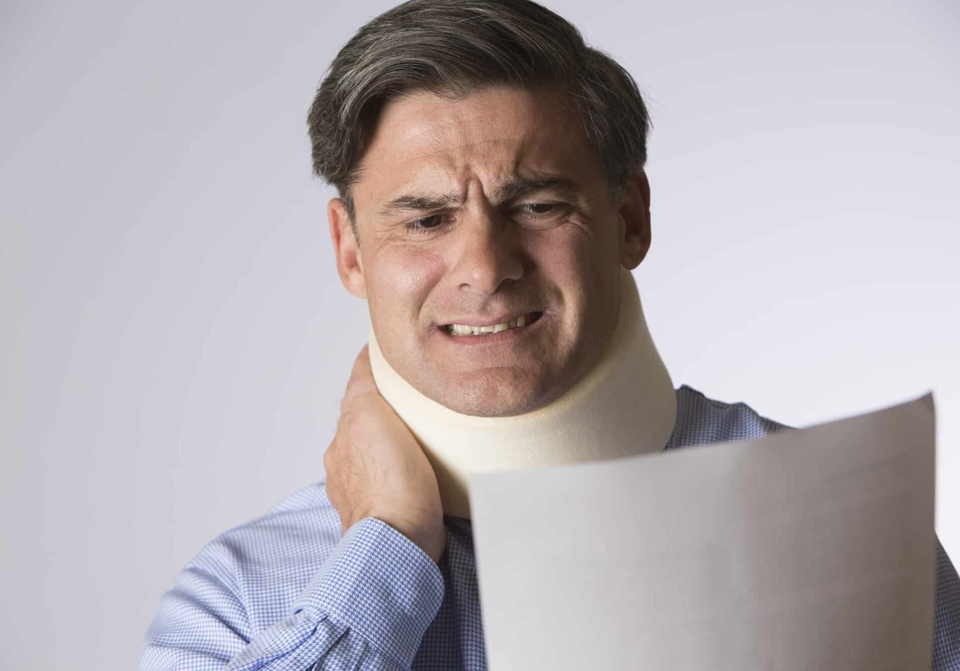 man with a neck brace reading a letter